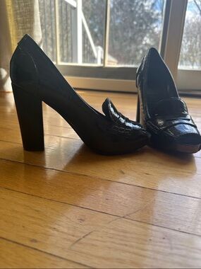 Apepazza Black Patent High Block Heel Loafers